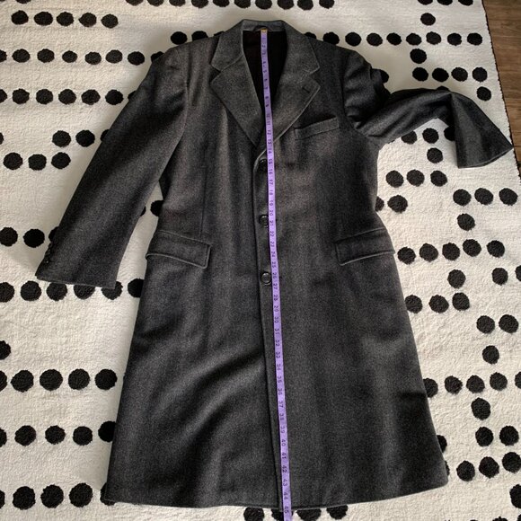 Vintage 90s Union Label Charcoal Herringbone Wool Tweed Overcoat Long Pea Coat - Picture 15 of 16